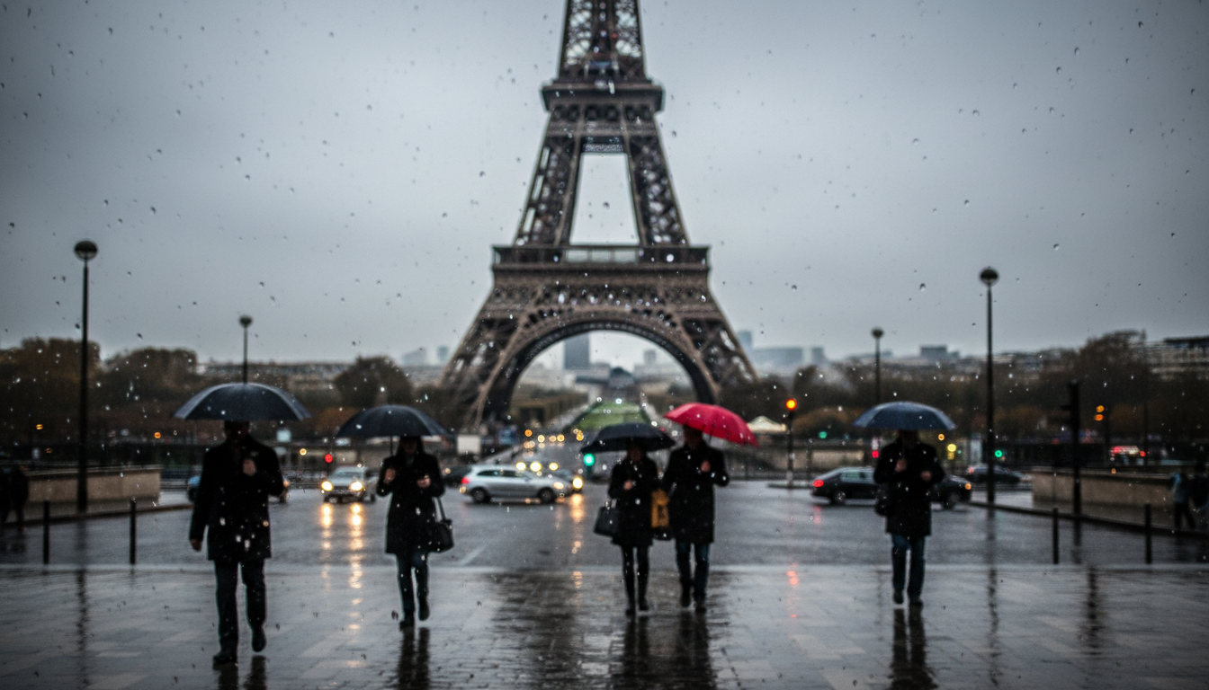 비 오는 파리의 에펠탑, 젖은 자갈길이 도시의 불빛을 반사한다.