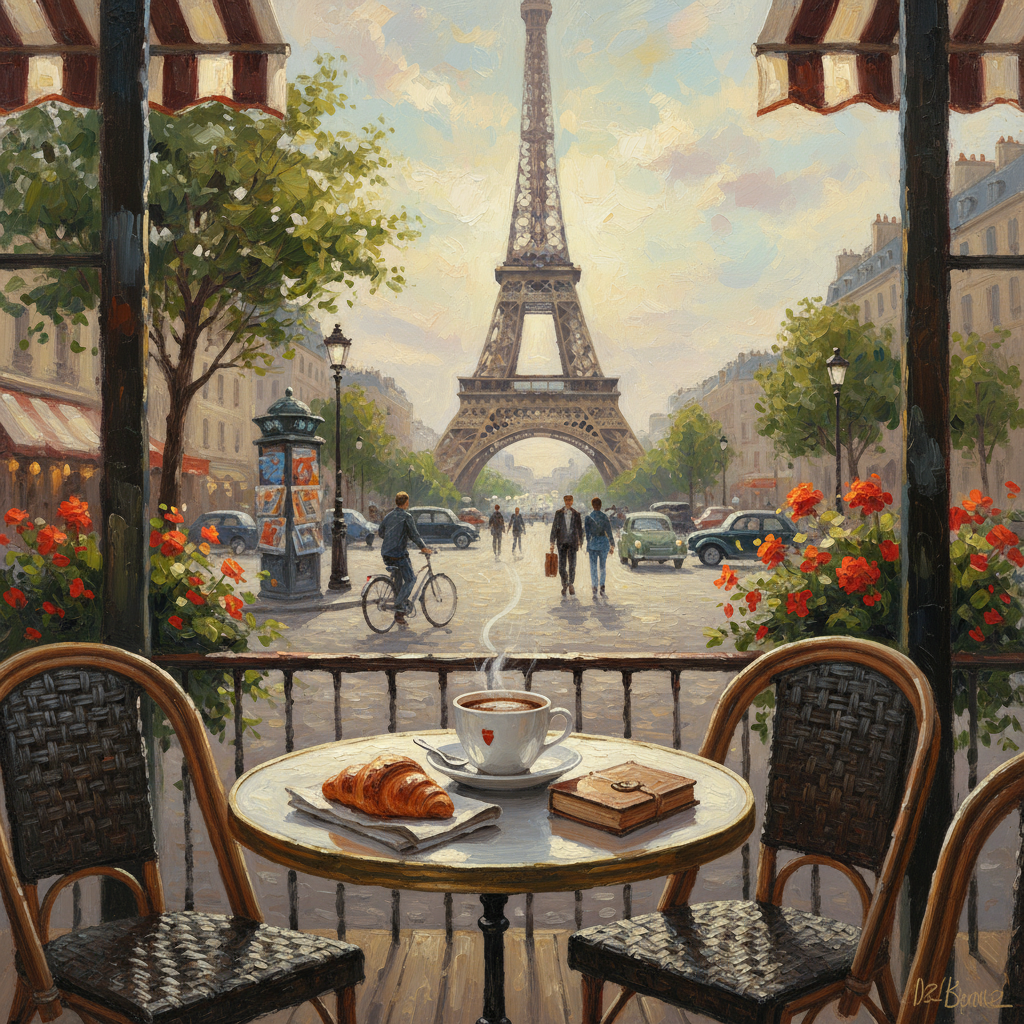 아늑한 파리 카페 테라스에서 본 에펠탑 풍경, 커피 한 잔과 번화한 거리 모습.
