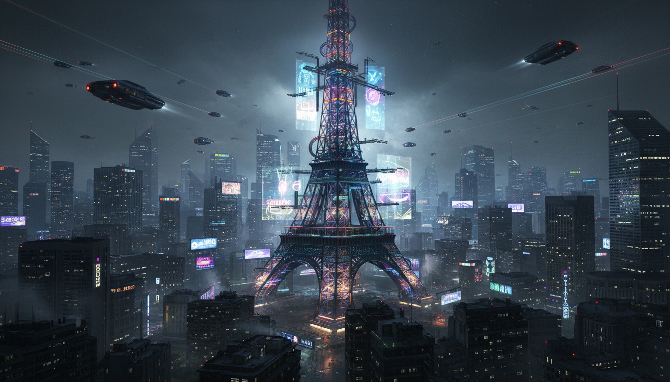 네온 불빛과 비행체로 둘러싸인 사이버펑크 미래 도시의 에펠탑.