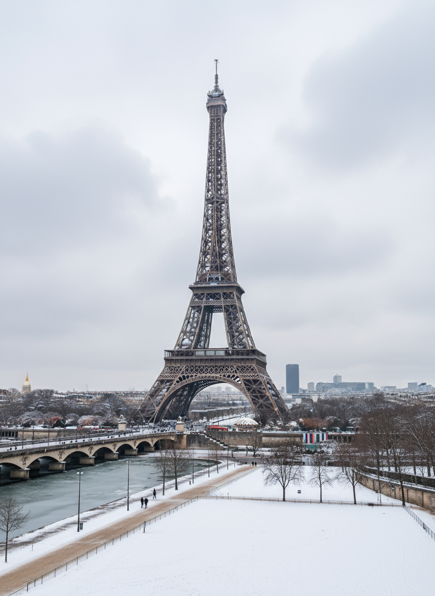 고요한 겨울날, 가볍게 눈 덮인 에펠탑.