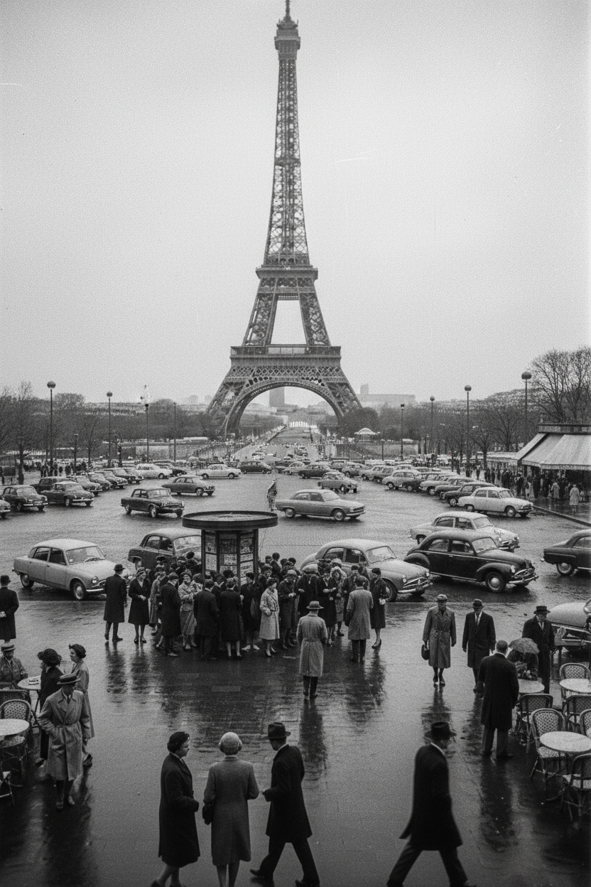 1950년대 파리의 활기찬 거리에 서 있는 에펠탑의 빈티지 흑백 사진.