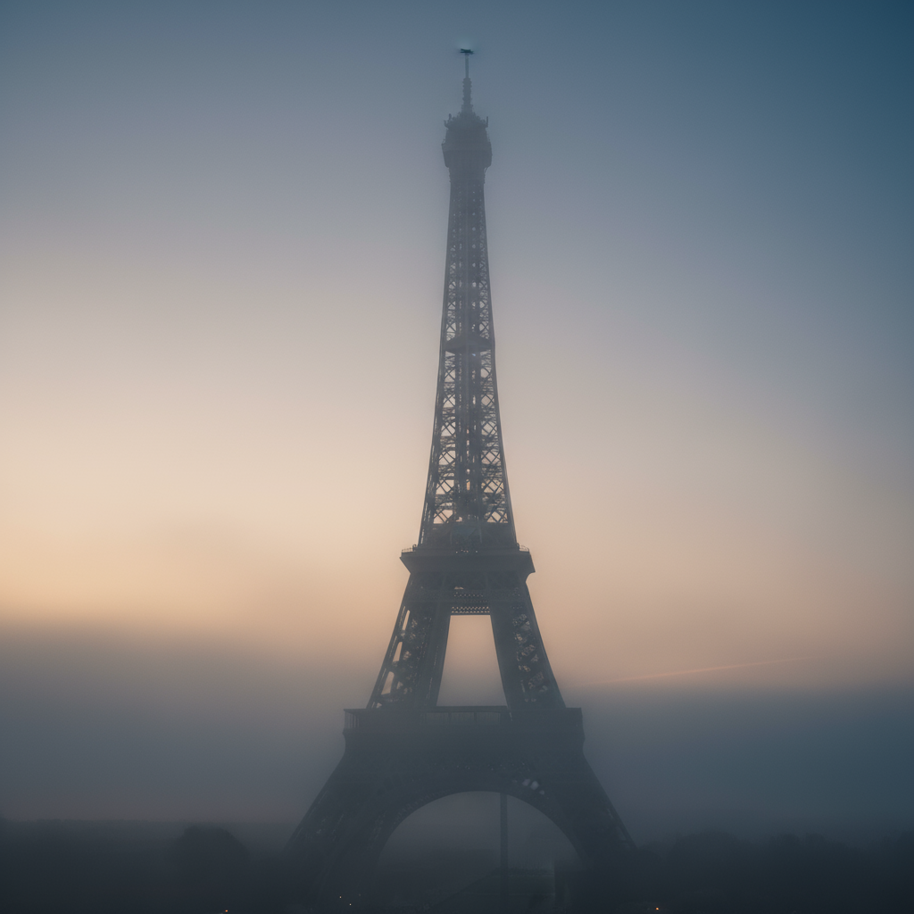 짙은 아침 안개 속에서 상단부가 어렴풋이 드러나는 신비로운 에펠탑.