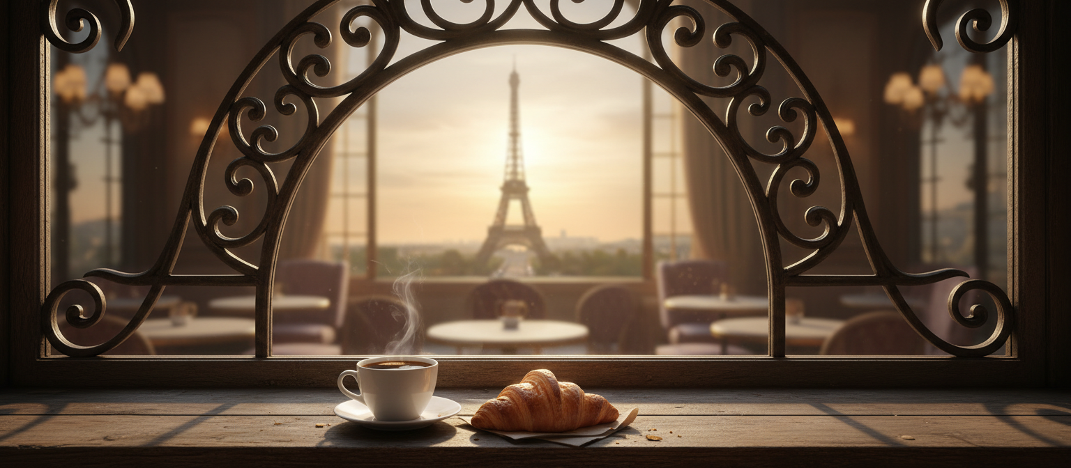 파리 카페 창문 너머로 보이는 에펠탑.