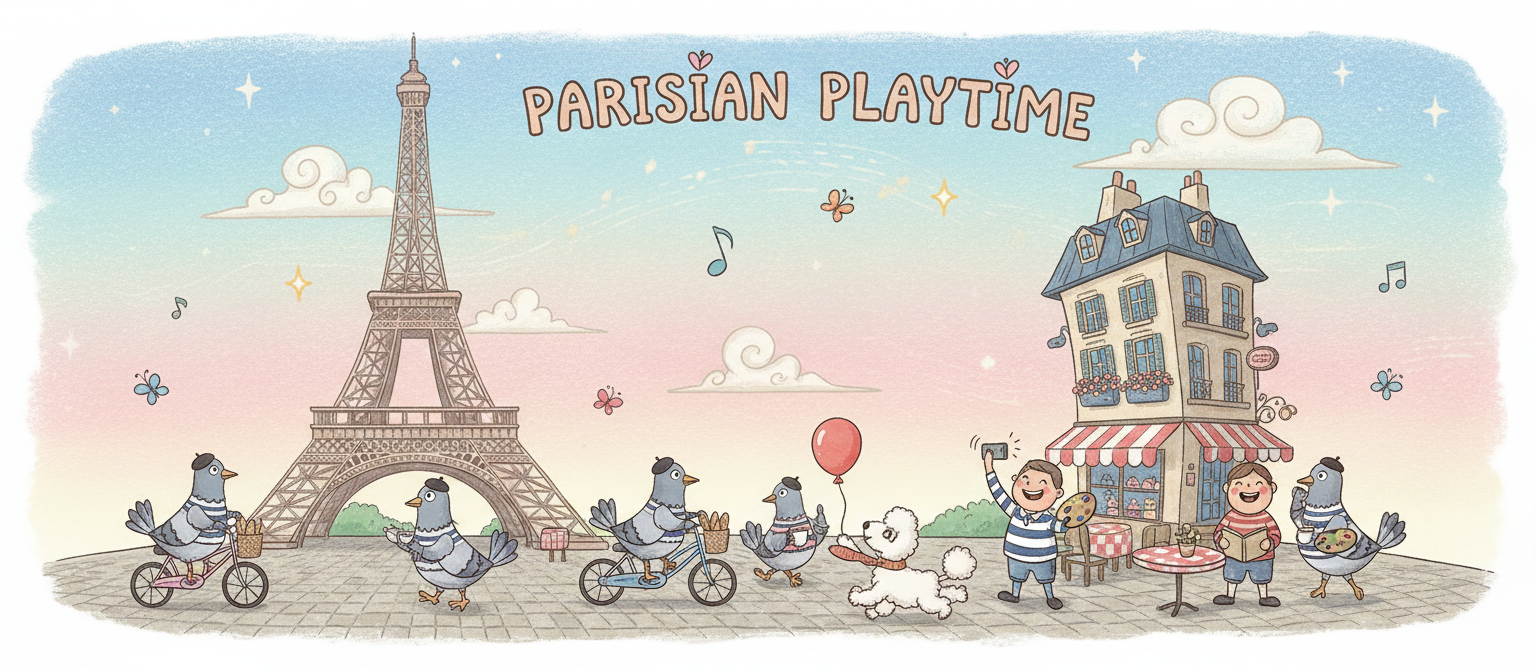 익살스러운 캐릭터들이 있는 에펠탑의 유쾌한 만화 일러스트레이션.