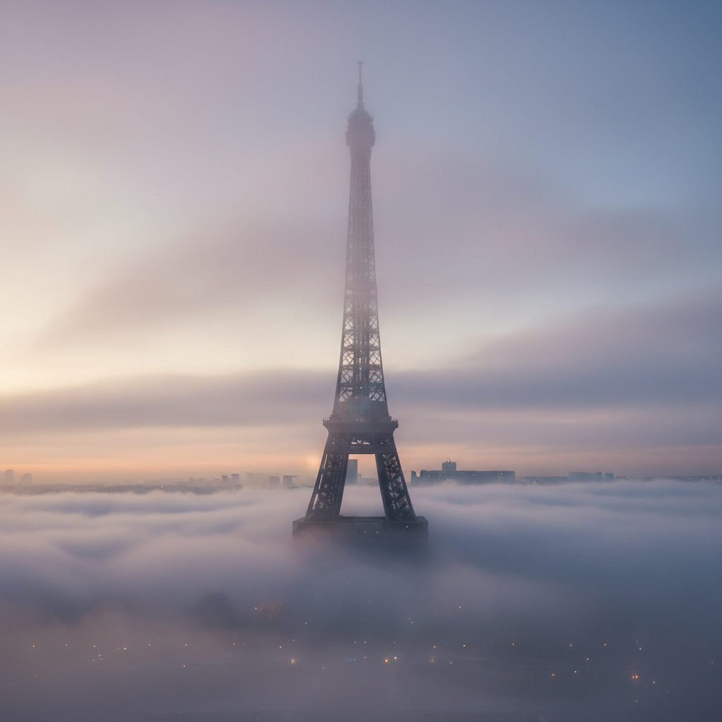 짙은 아침 안개 속에서 신비롭게 나타나는 에펠탑.