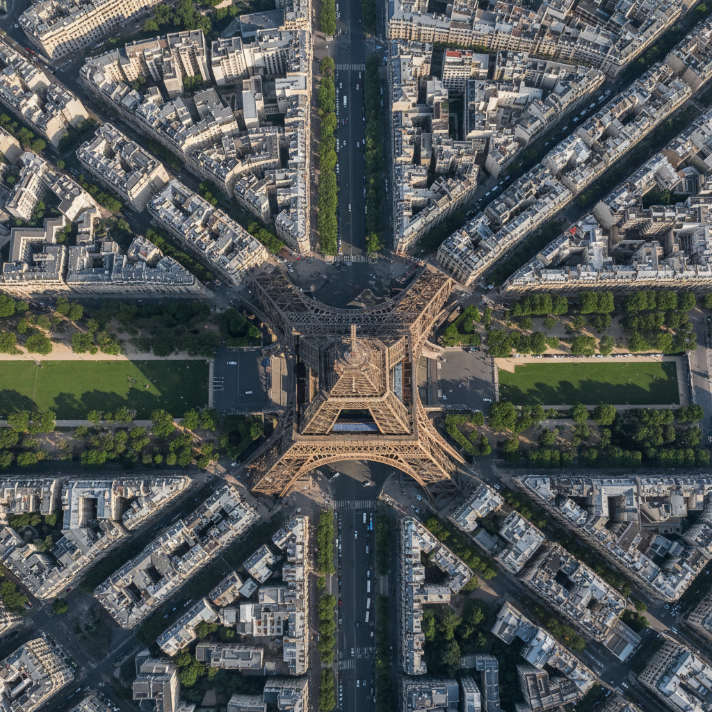 에펠탑의 복잡한 기하학적 패턴과 주변 도시를 조명하는 에펠탑의 공중 전망.