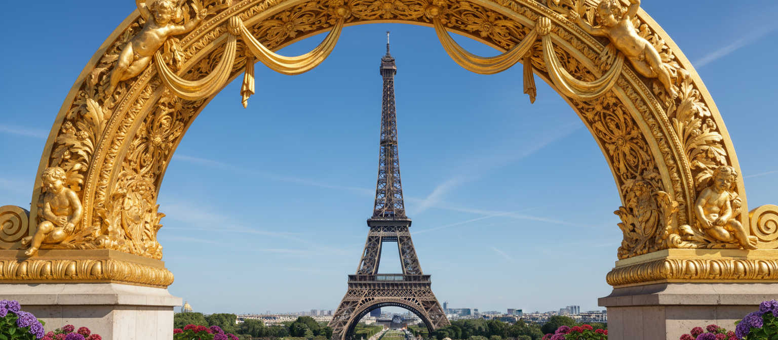 화려하고 금빛 아치형 문을 통해 우아하게 보이는 에펠탑.