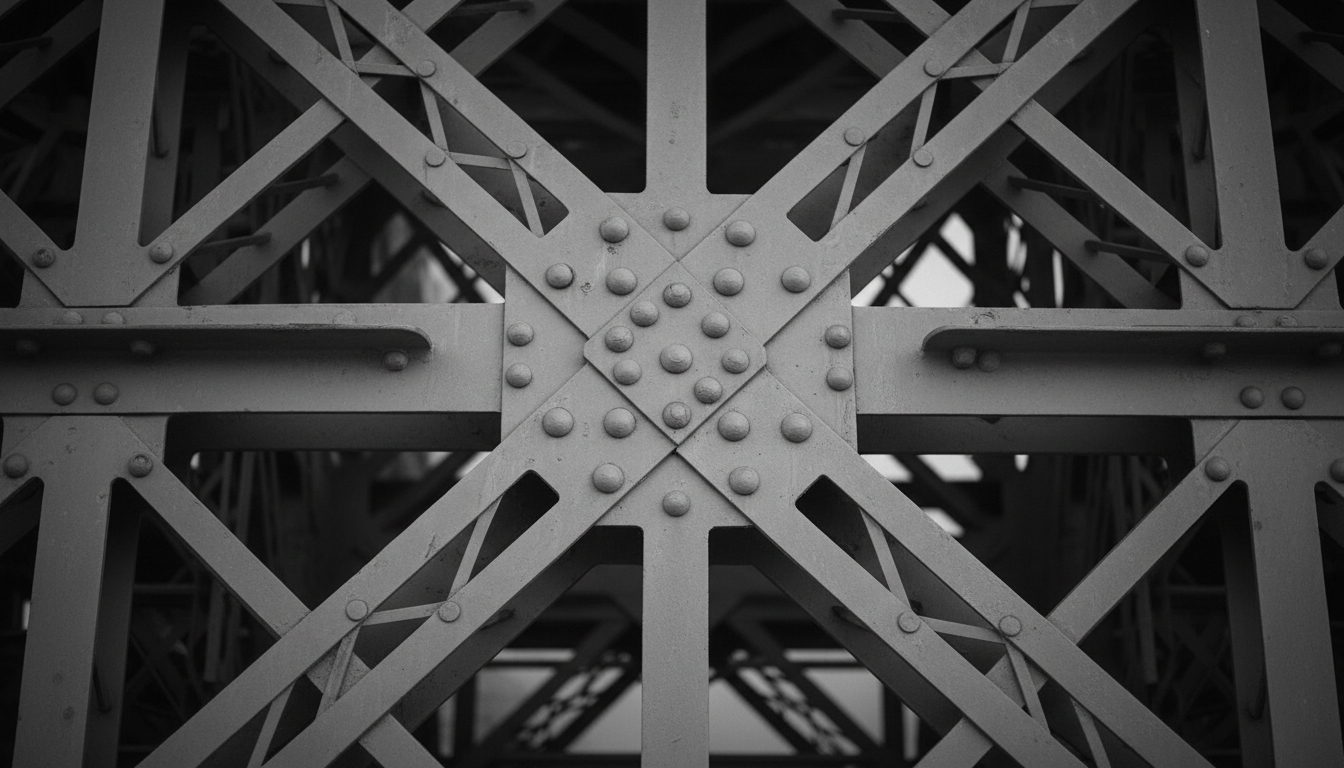 에펠탑의 복잡한 철제 격자 구조와 리벳을 상세하게 보여주는 흑백 클로즈업 사진.
