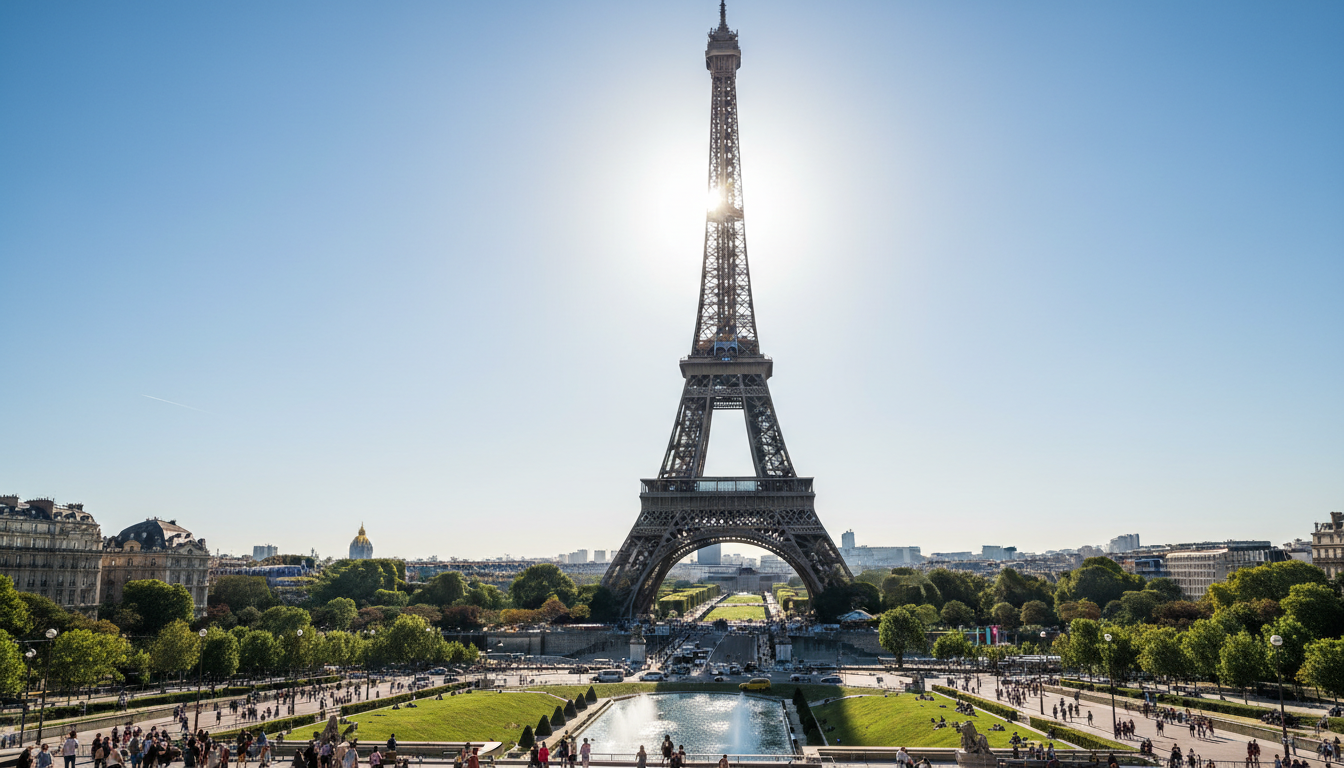 화창한 날 에펠탑의 초고화질 사진.