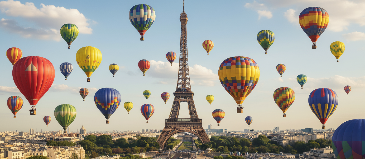 수많은 다채로운 열기구들이 파리 하늘에 떠다니는 에펠탑 주변의 기발한 풍경.