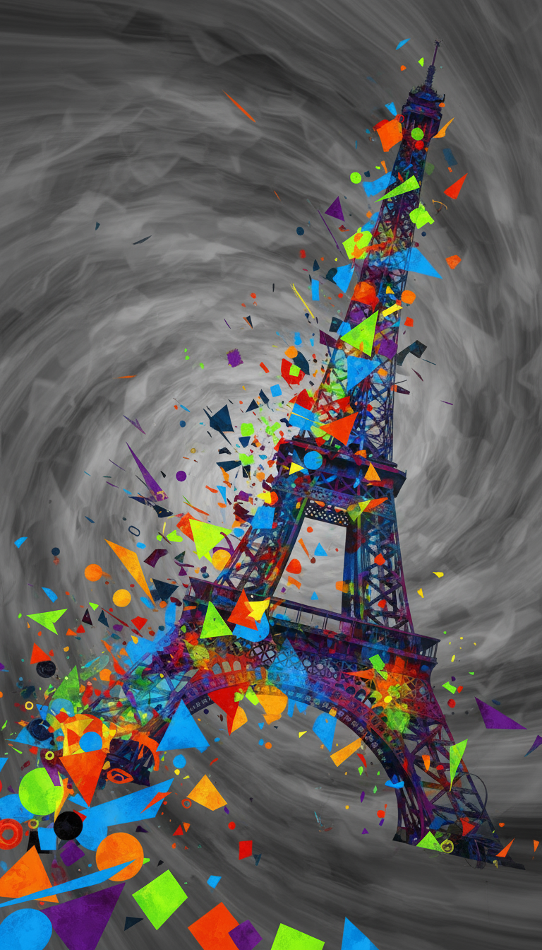 생생한 색상과 기하학적 형태로 재구성된 추상적인 에펠탑 작품.