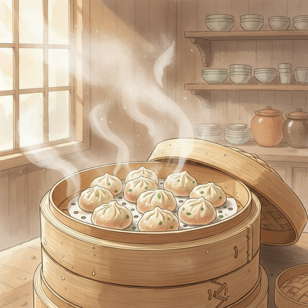 대나무 찜기에 김이 오르는 전통 만두의 분위기 있는 일러스트.