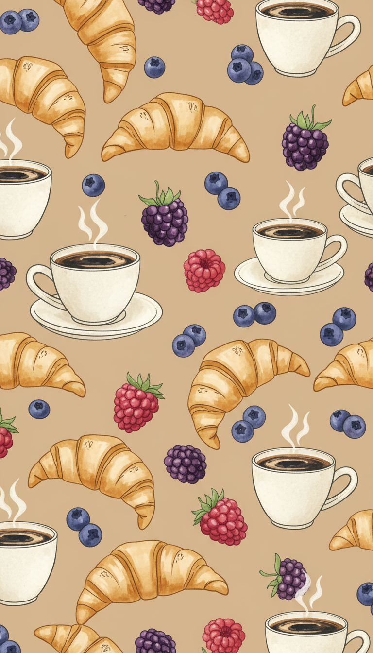크루아상, 커피 잔, 베리 모티프가 반복되는 우아한 음식 패턴 일러스트.