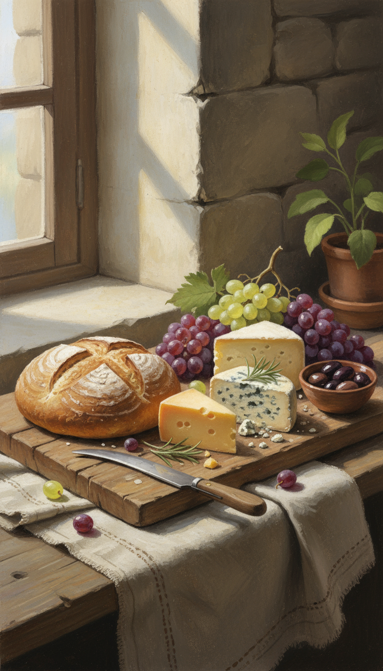 나무 도마에 놓인 갓 구운 빵, 치즈, 포도의 소박한 과슈 일러스트레이션.