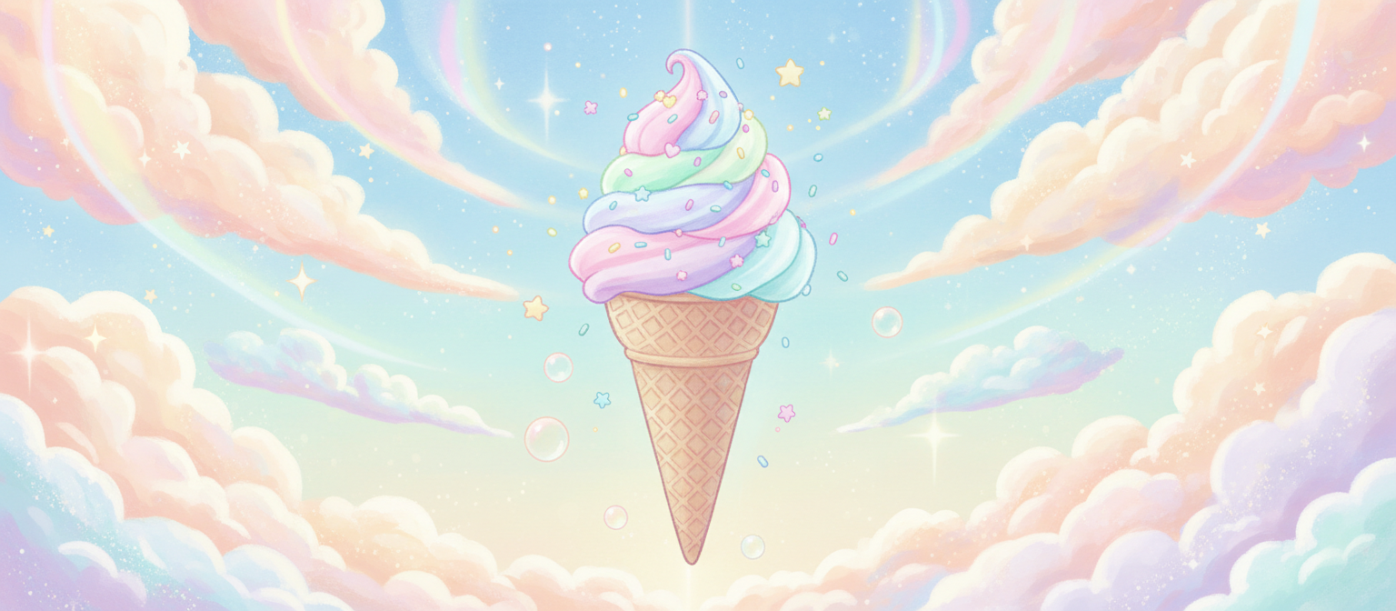 마법 같은 구름 배경에 떠다니는 아이스크림 콘의 꿈결 같은 파스텔 일러스트.