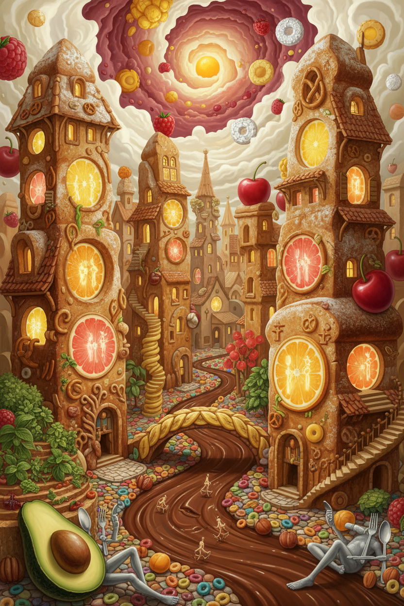 음식 아이템이 건축물로 변형되는 초현실주의 일러스트.