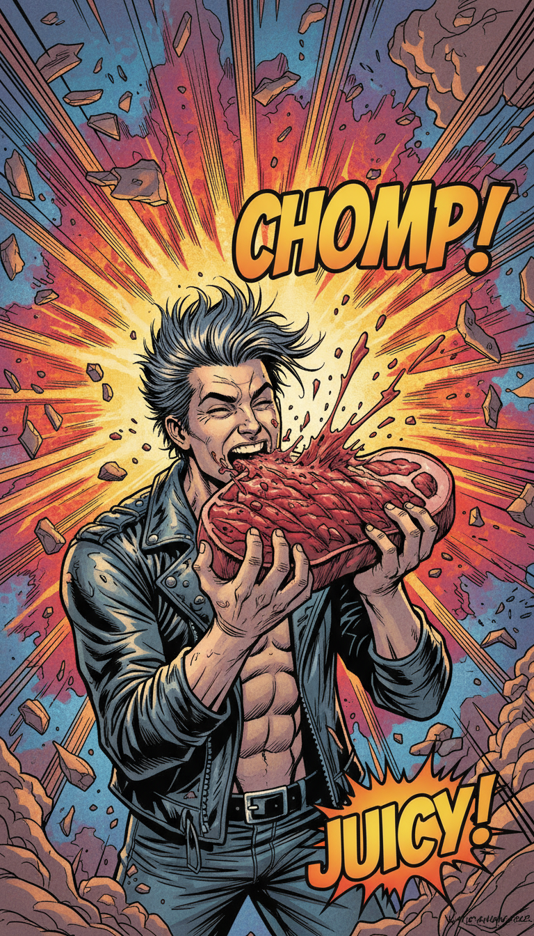 육즙 가득한 스테이크를 맛있게 먹는 사람의 그래픽 노블 스타일 일러스트.