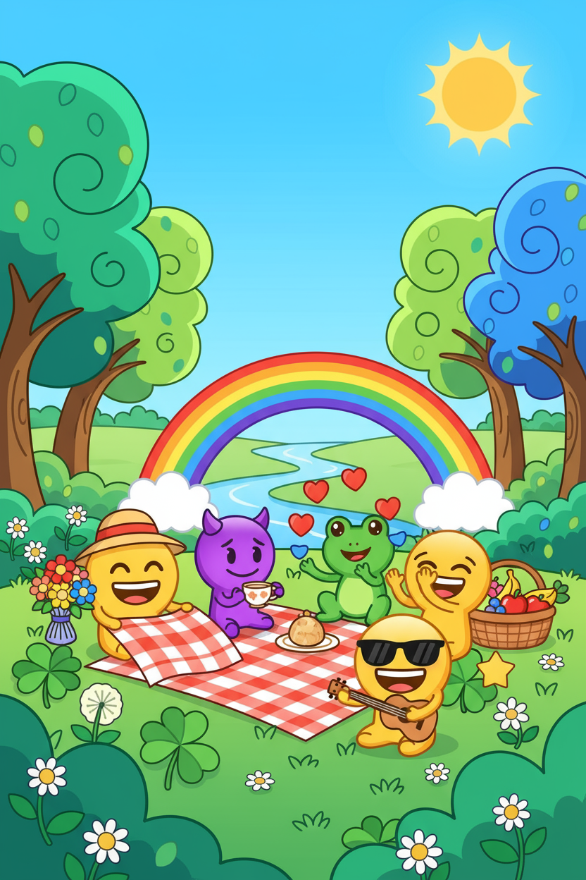 다양한 이모티콘 캐릭터들이 푸른 공원에서 피크닉을 즐기는 만화 같은 장면.