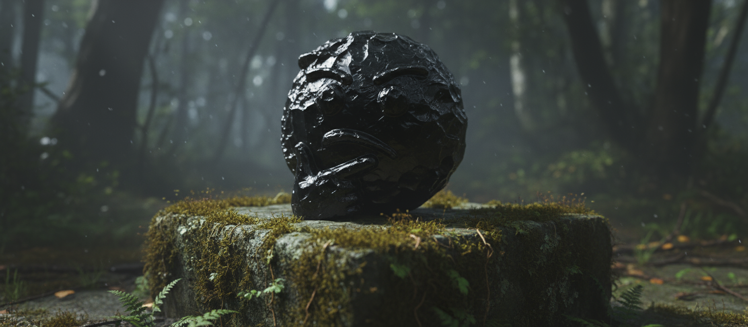 거친 흑요석으로 정교하게 조각된 생각하는 얼굴 이모지가 이끼 낀 고대 돌 위에 신비롭게 놓여 있다.