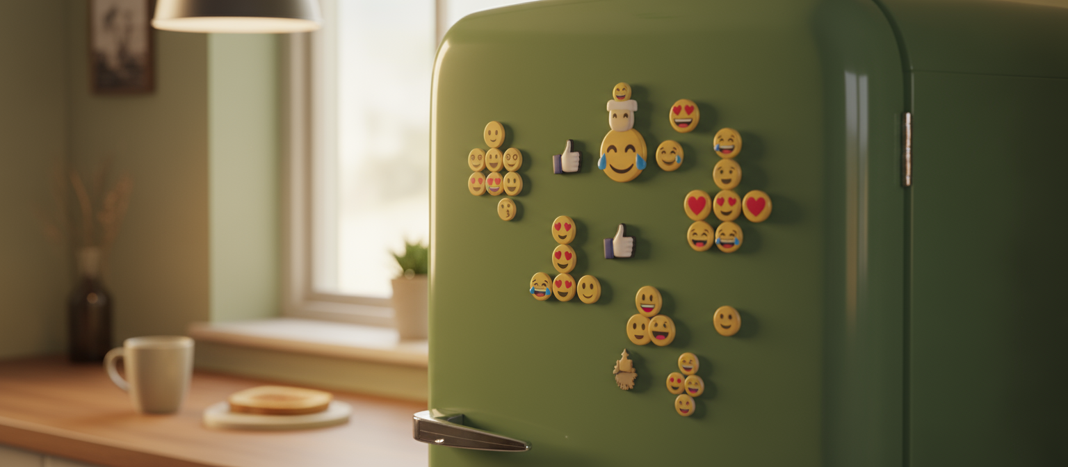 따뜻한 주방 조명을 반사하는 레트로 스타일 냉장고 문에 아기자기하게 배열된 다양한 이모지 자석들.
