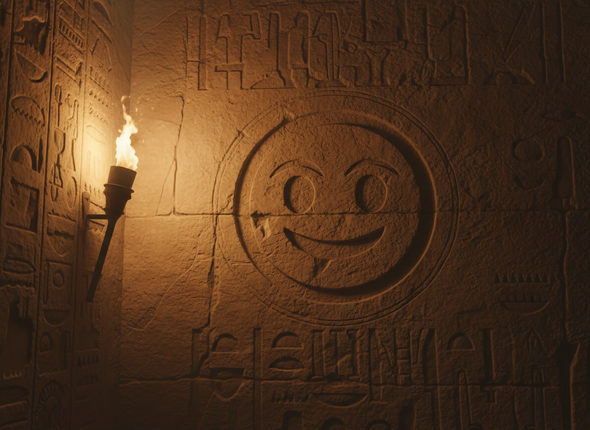 현대의 웃는 이모지를 묘사한 고대 이집트 상형문자가 풍화된 돌에 새겨져 횃불 빛을 받고 있다.