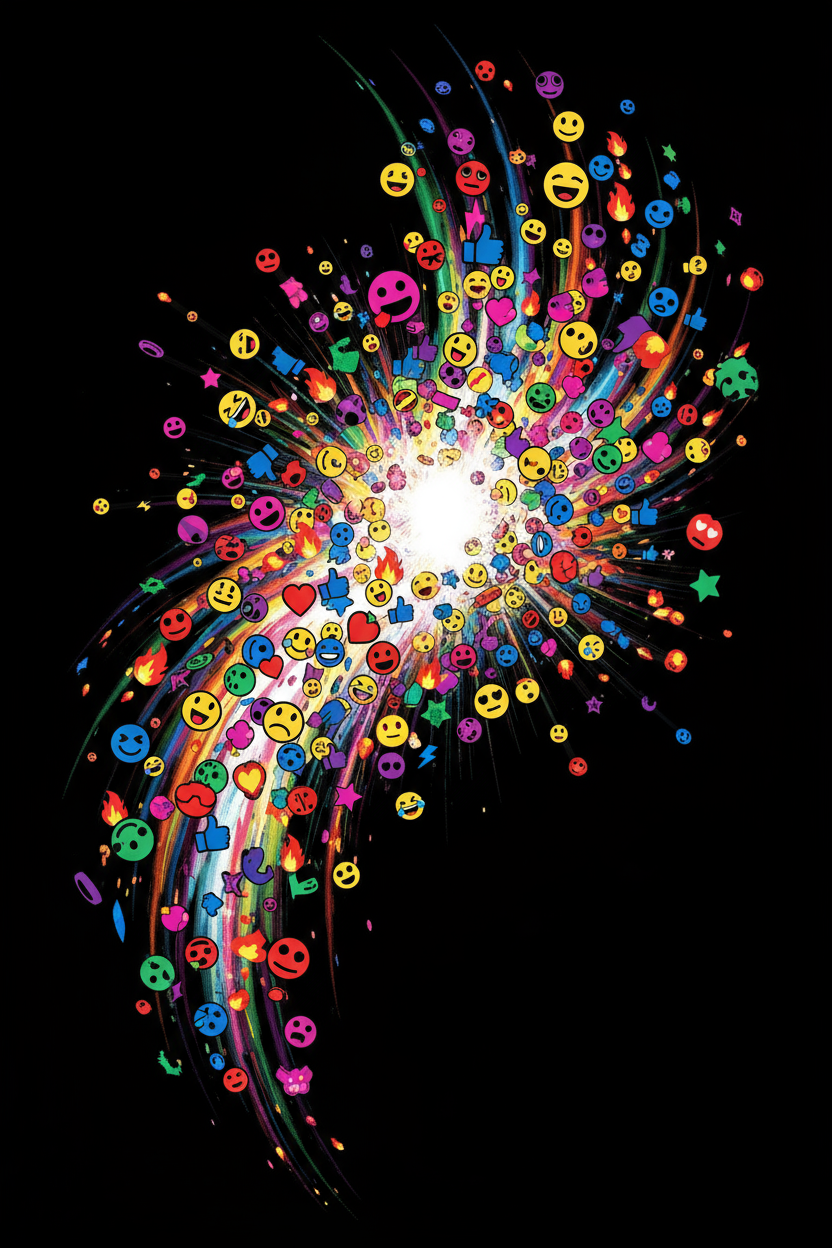 중앙 지점에서 바깥쪽으로 폭발하는 이모티콘 아이콘들의 역동적인 디지털 일러스트레이션.