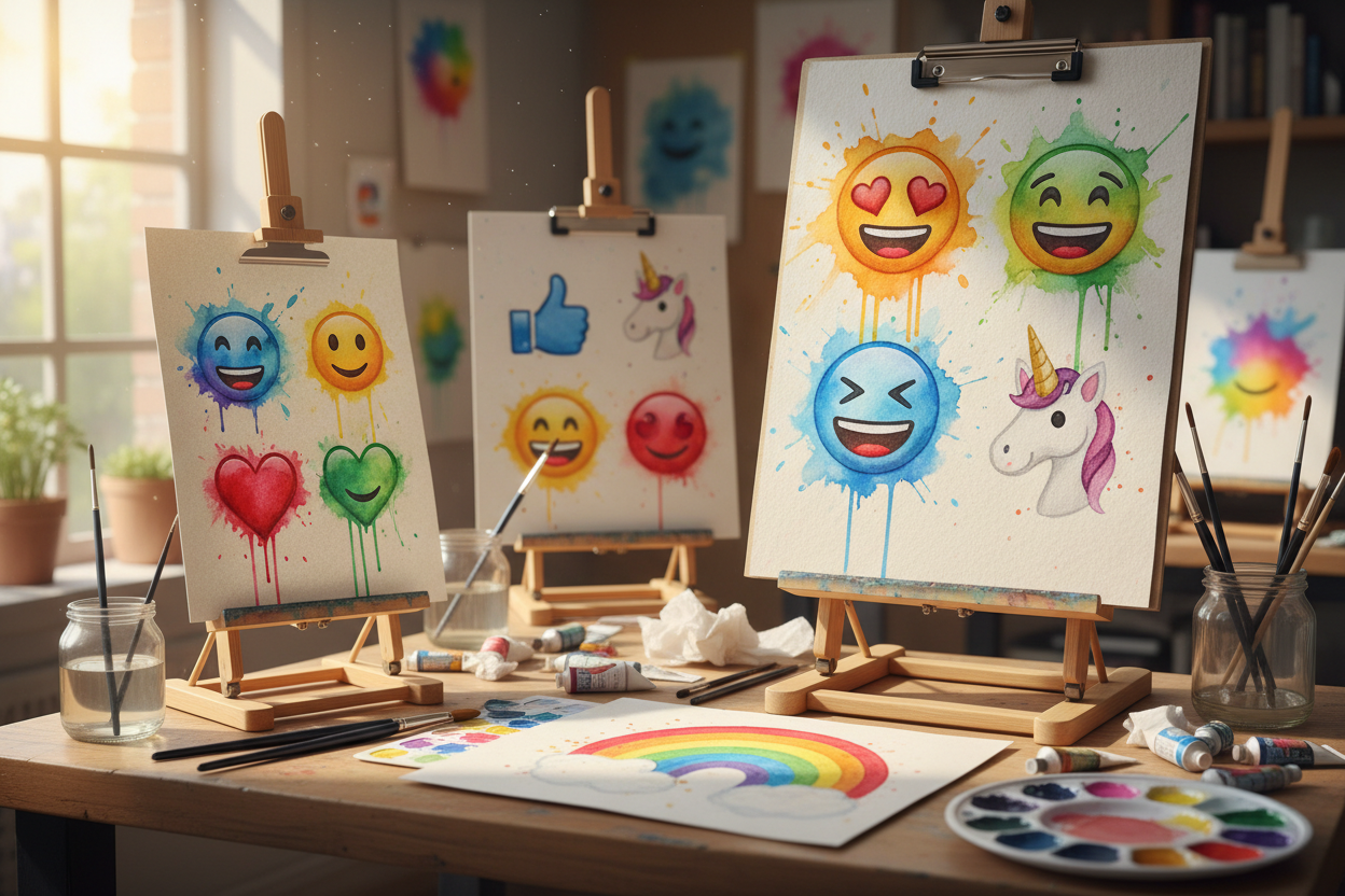 질감 있는 종이에 생생하고 표현적인 수채화 그림으로 묘사된 이모지, 각 붓놀림이 미술 스튜디오에서 뚜렷하게 보인다.