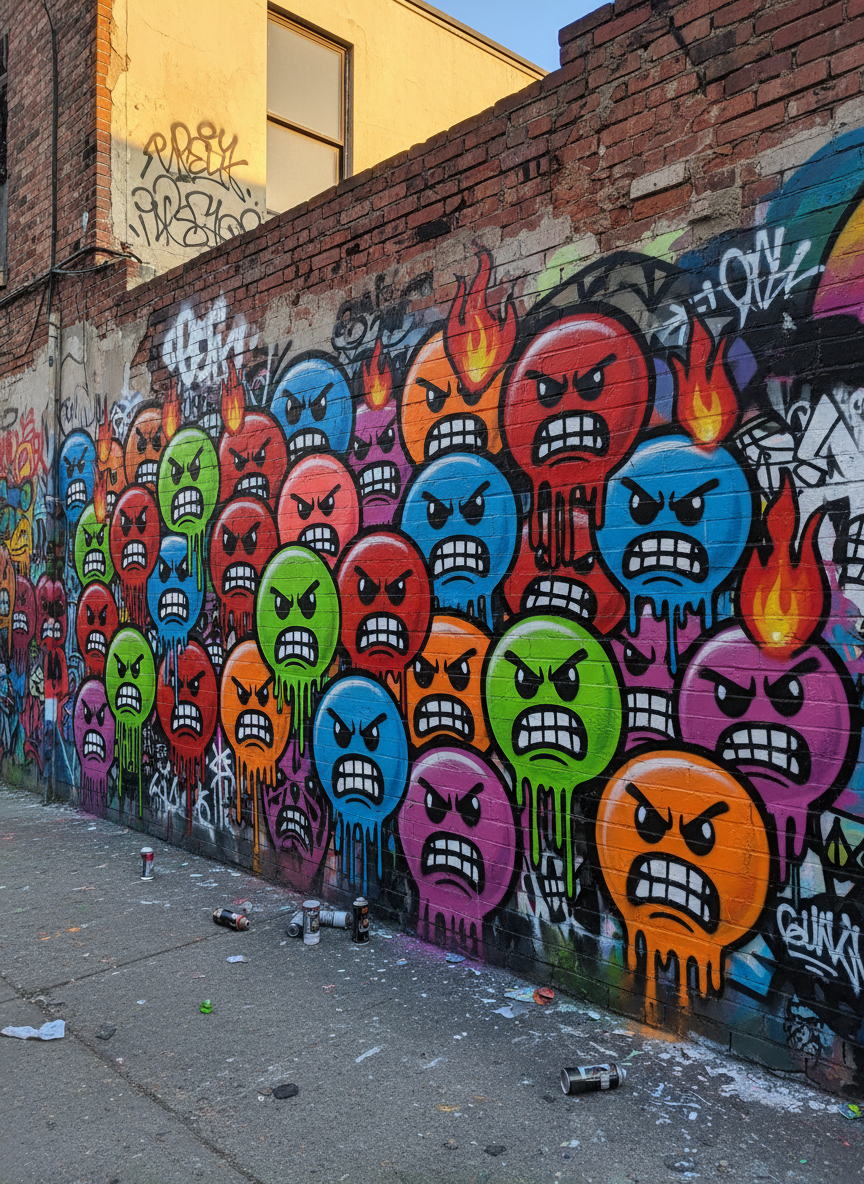 낡은 벽돌 벽에 강렬한 색상으로 스프레이 페인팅된 화난 이모지 시리즈의 역동적인 그래피티 벽화.