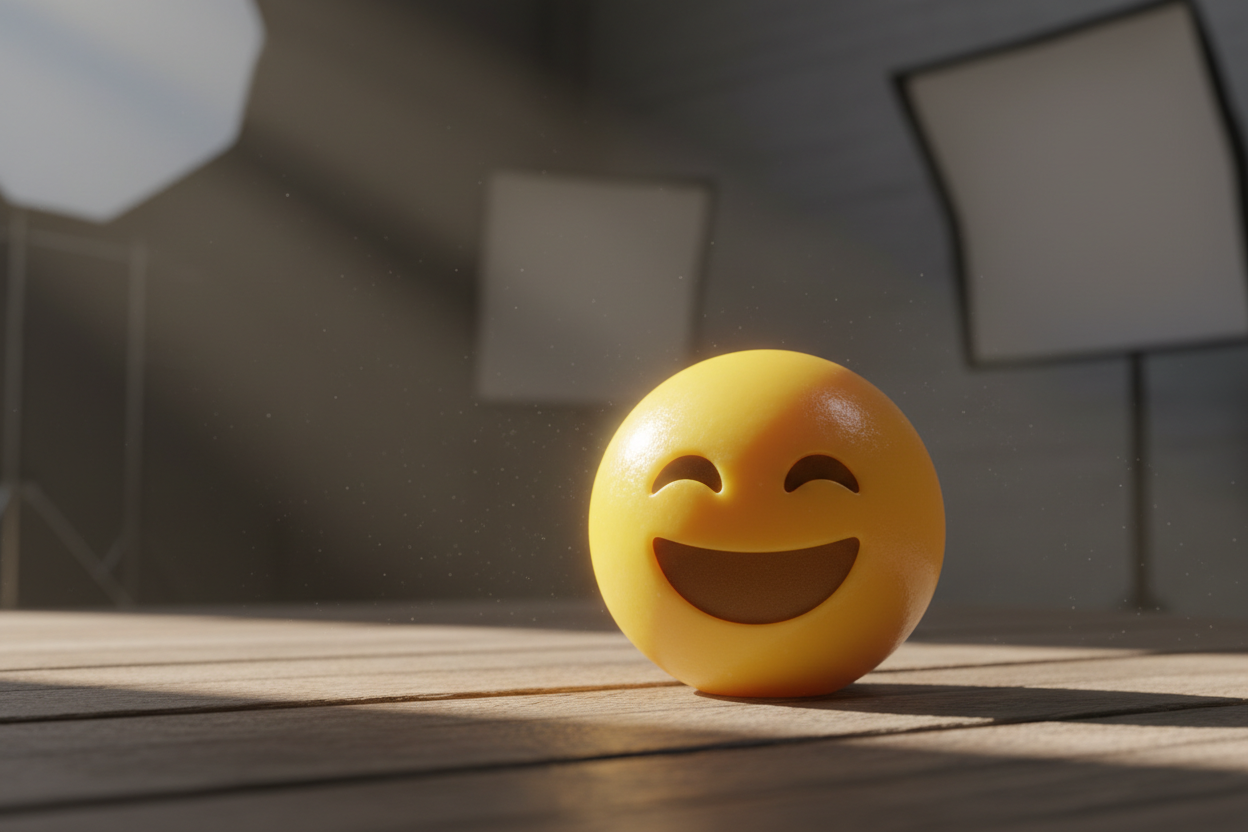 나무 테이블 위에서 은은하게 빛나는 하이퍼리얼리스틱 3D 클래식 스마일 이모지.