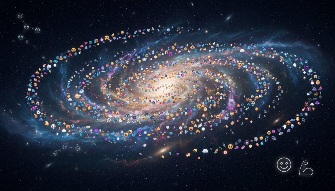 각각의 성계가 작고 독특한 이모지로 보이는 웅장한 나선형 은하가 깊은 우주에서 바라본 모습.