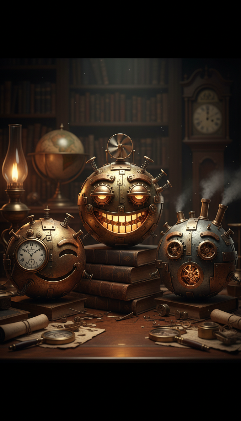 톱니바퀴와 리벳이 보이는 금속 부품으로 만들어진 스팀펑크 이모지들이 어두운 학구적인 환경에서 복잡한 시계 태엽 메커니즘으로 작동한다.