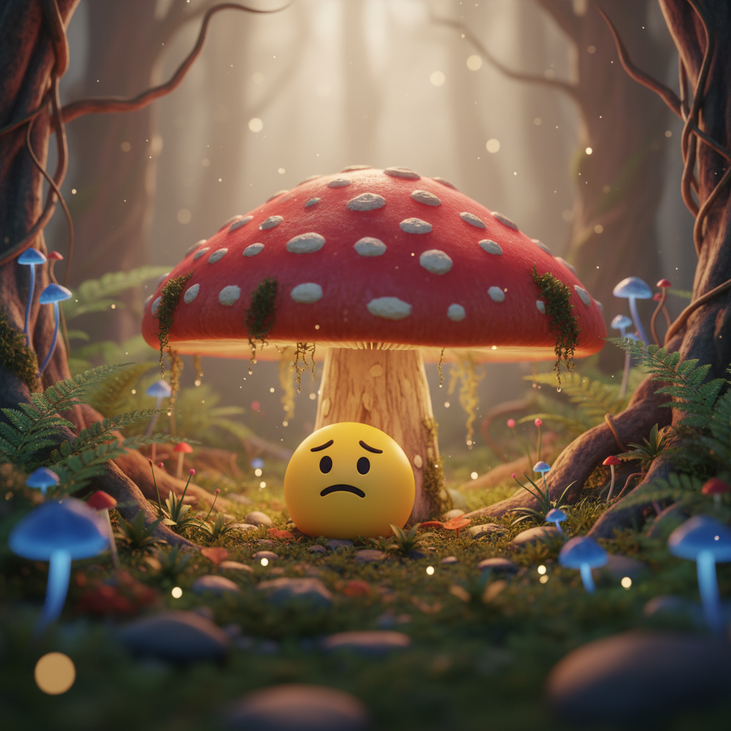 마법에 걸린 숲에서 거대한 버섯 아래에서 조심스럽게 고개를 내미는 아주 작은 혼란스러운 이모지, 접사 사진.