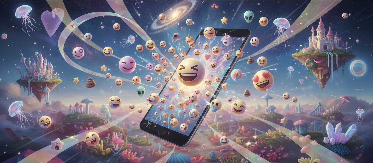 스마트폰 화면에서 튀어나온 이모지들이 환상적이고 꿈같은 배경과 상호작용하는 초현실적인 장면.
