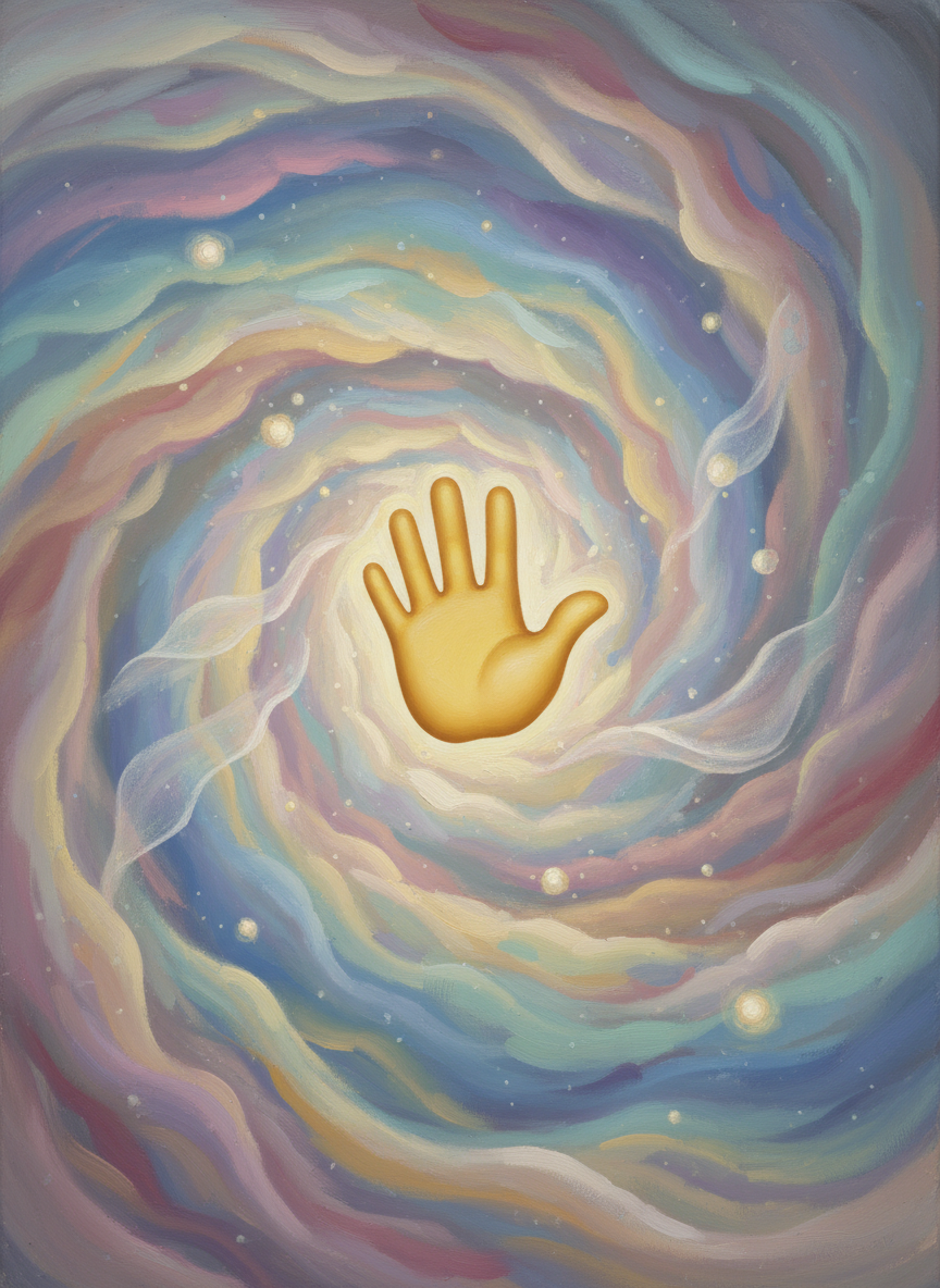 추상적인 색상의 소용돌이치는 포털에서 '손 흔드는' 이모티콘이 나타나는 초현실적인 그림.