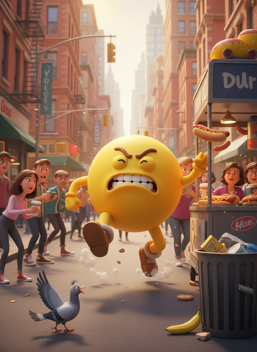 찡그린 얼굴 이모티콘 전신 코스튬을 입은 만화 캐릭터가 혼잡한 도시 거리를 어설프게 달리는 코믹한 장면.