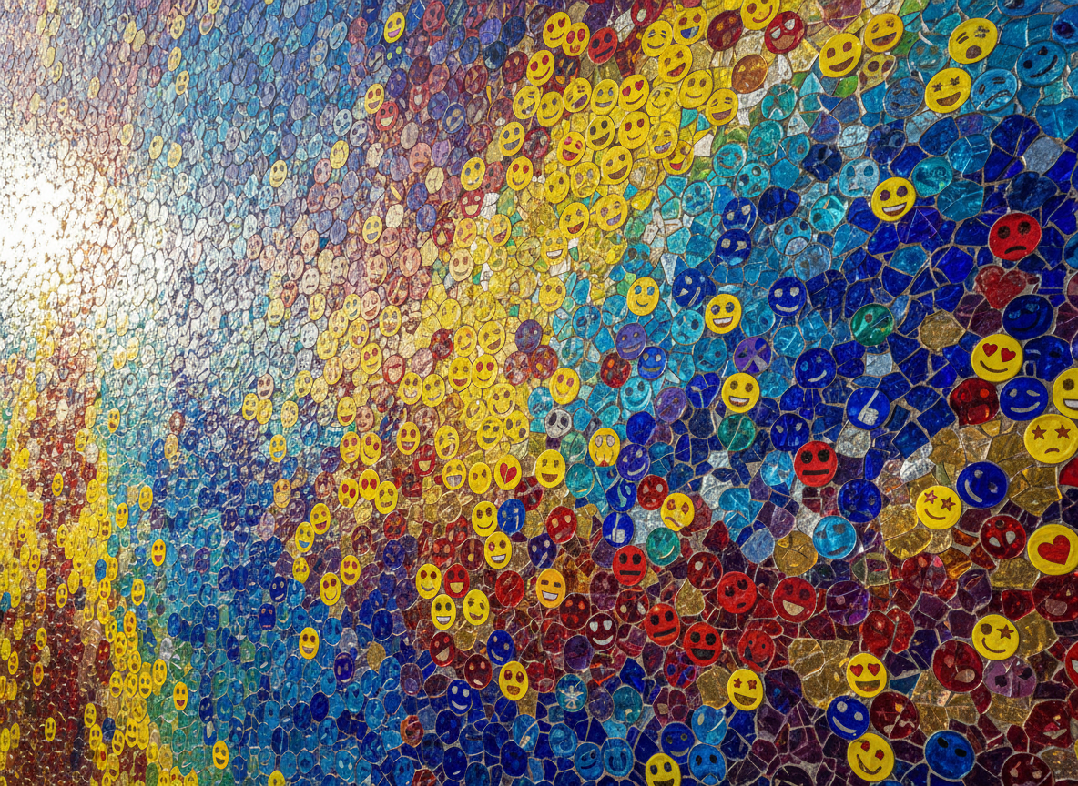 수많은 작고 반짝이는 이모지 타일로 만들어진 다채로운 추상 모자이크 작품.