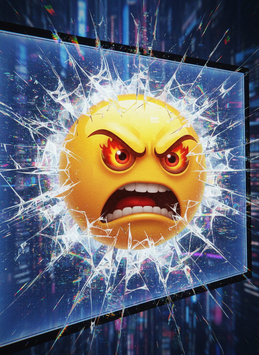 디지털 화면을 뚫고 나오는 거대한 화난 이모지, 유리 전체에 균열이 번지고 있으며 글리치 아트처럼 역동적이다.