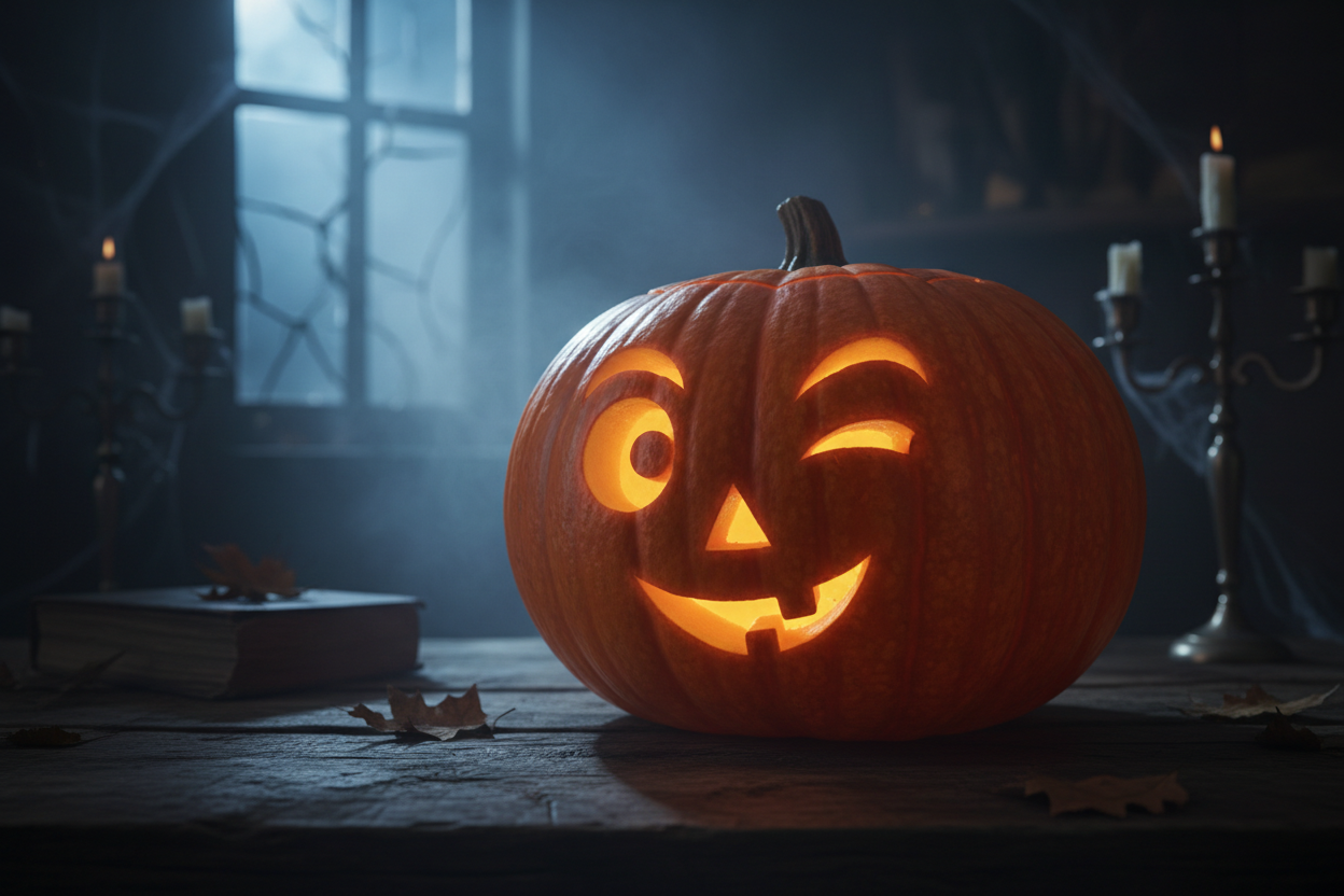 속에서 빛을 내는 윙크하는 얼굴 이모지가 새겨진 호박이 할로윈 분위기의 그림자를 드리우고 있다.
