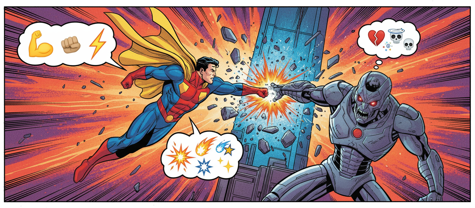 단어 대신 관련 이모티콘으로 채워진 말풍선을 가진 슈퍼히어로 캐릭터가 등장하는 만화책 패널.