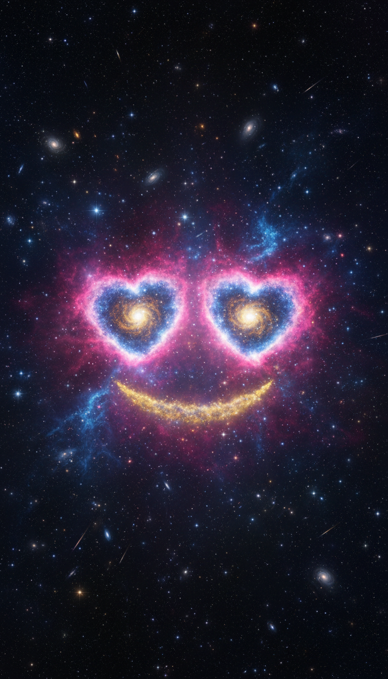 깊은 우주에서 성운과 별들로 정교하게 형성된 하트 눈 이모지.