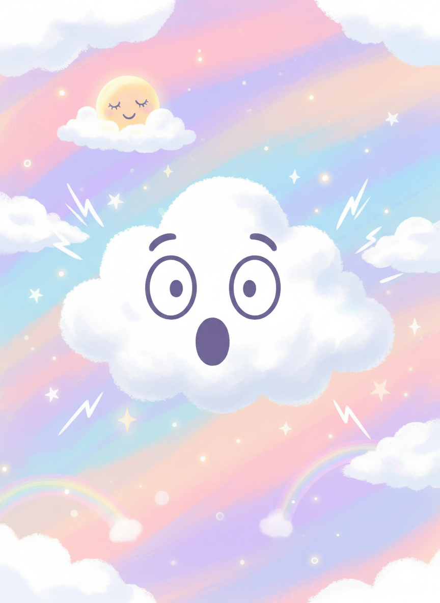 파스텔 톤 하늘에 떠 있는 구름 속에 조각된 충격받은 이모티콘의 유쾌한 만화 일러스트레이션.