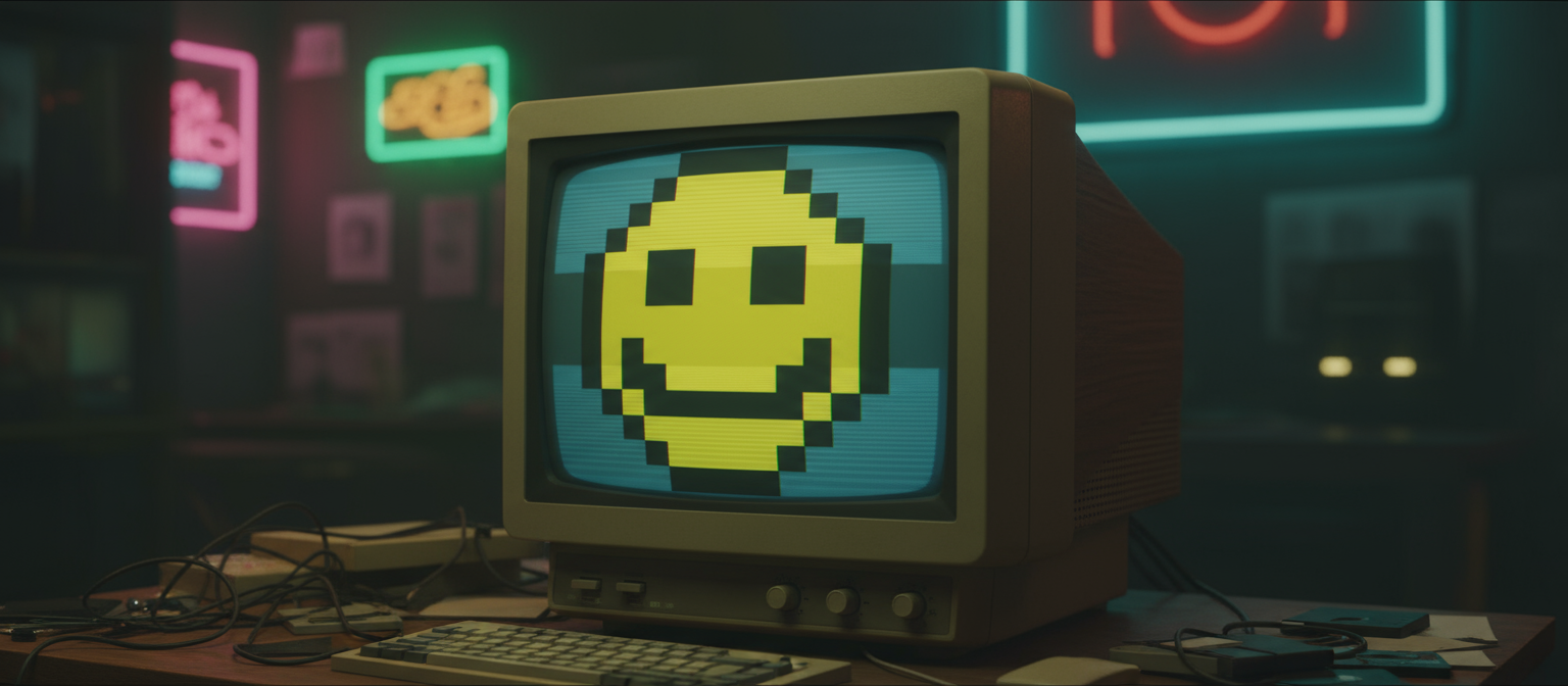 스캔라인이 보이고 레트로 미학을 지닌 오래된 CRT 모니터에 표시된 생생한 픽셀 아트 스마일 이모지.