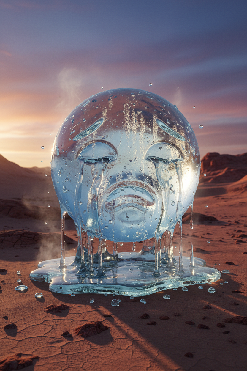 사막에서 얼음 조각처럼 녹아내리는 우는 이모지의 초현실적인 이미지, 극적인 조명.