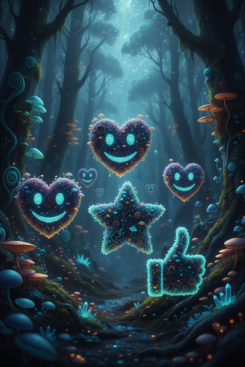 어둡고 이색적인 숲에서 부드러운 빛을 발하는 빛나는, 복잡한 생물 발광 균류로 구성된 이모지.