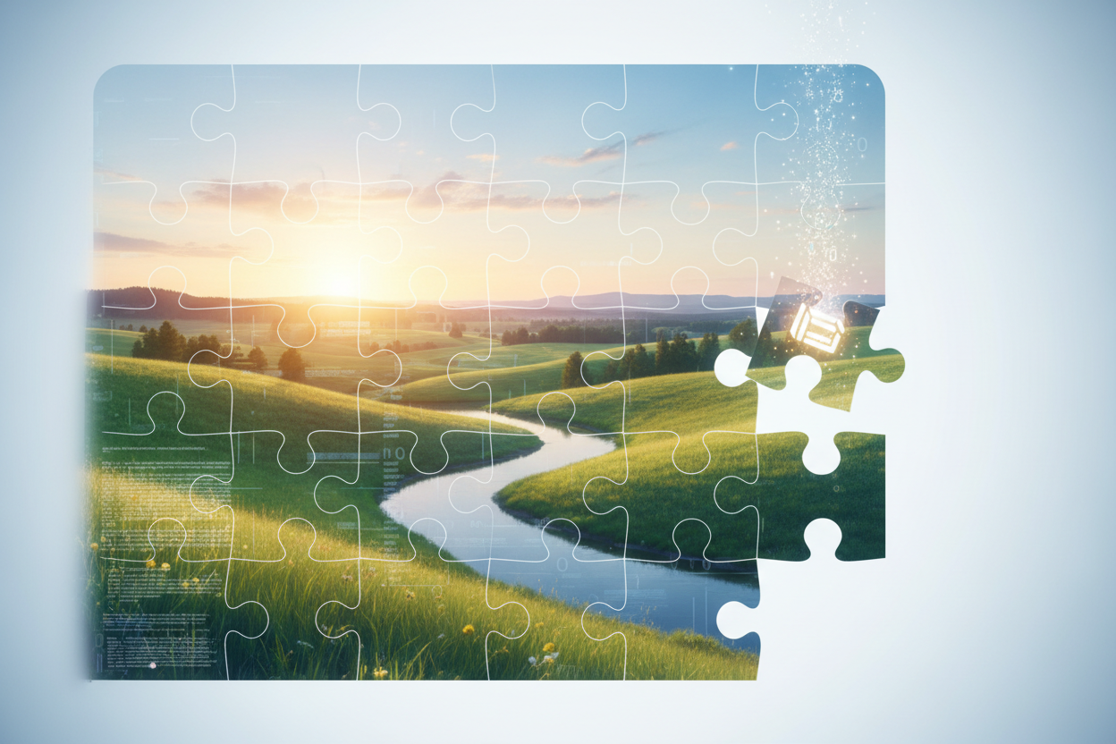 이미지를 형성하는 퍼즐 조각들, 한 조각이 제자리로 다운로드됩니다.