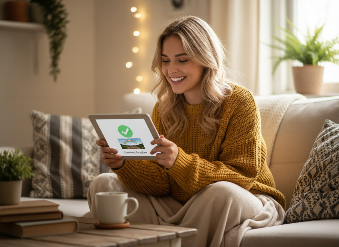 태블릿에서 성공적인 이미지 다운로드를 확인하며 기뻐하는 사람.