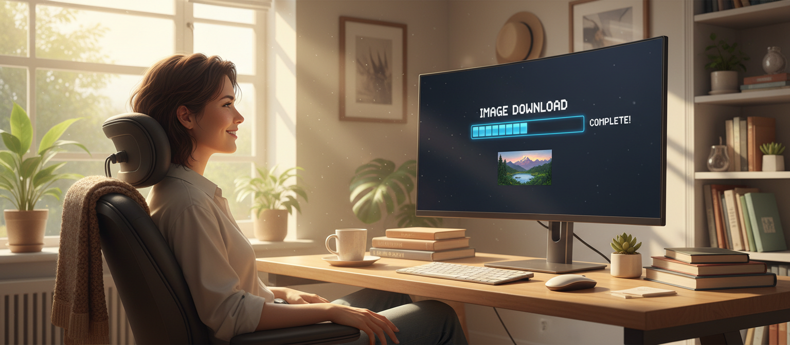 재택근무 환경에서 이미지가 성공적으로 다운로드되는 것을 보고 만족스럽게 웃고 있는 사람.