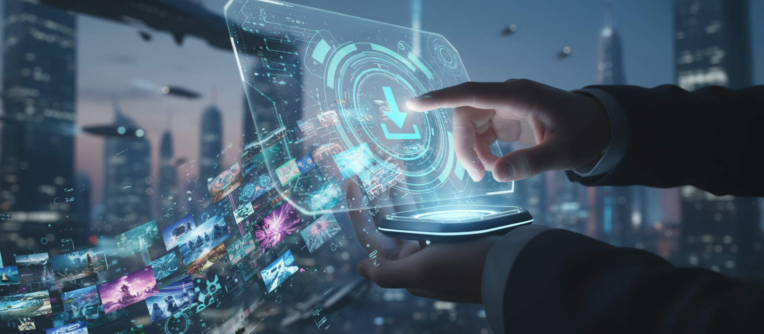 홀로그램 화면의 다운로드 아이콘을 탭하는 손가락, 아래에 이미지가 나타남.