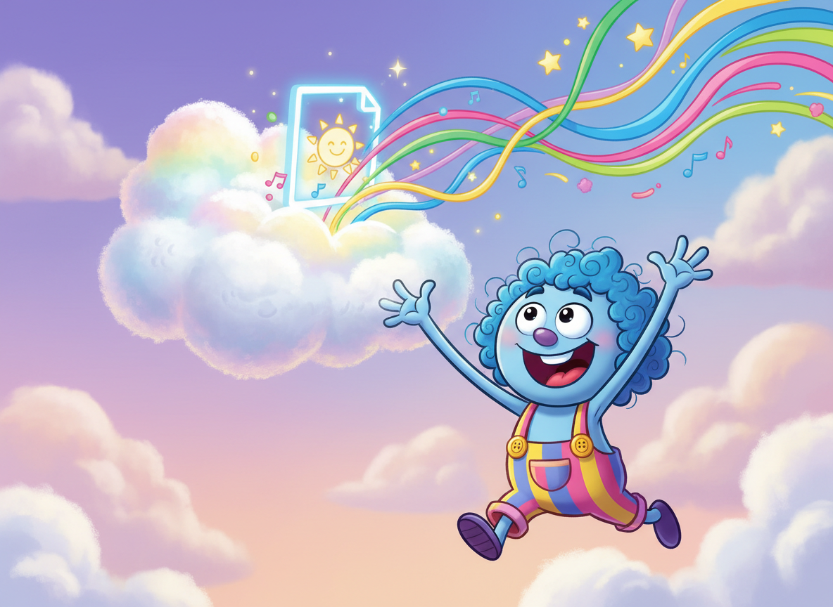 클라우드에서 이미지 파일을 다운로드하는 재미있는 만화 캐릭터.