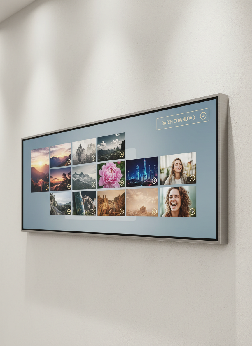 이미지 다운로드 옵션이 있는 사진 갤러리가 표시된 화면.